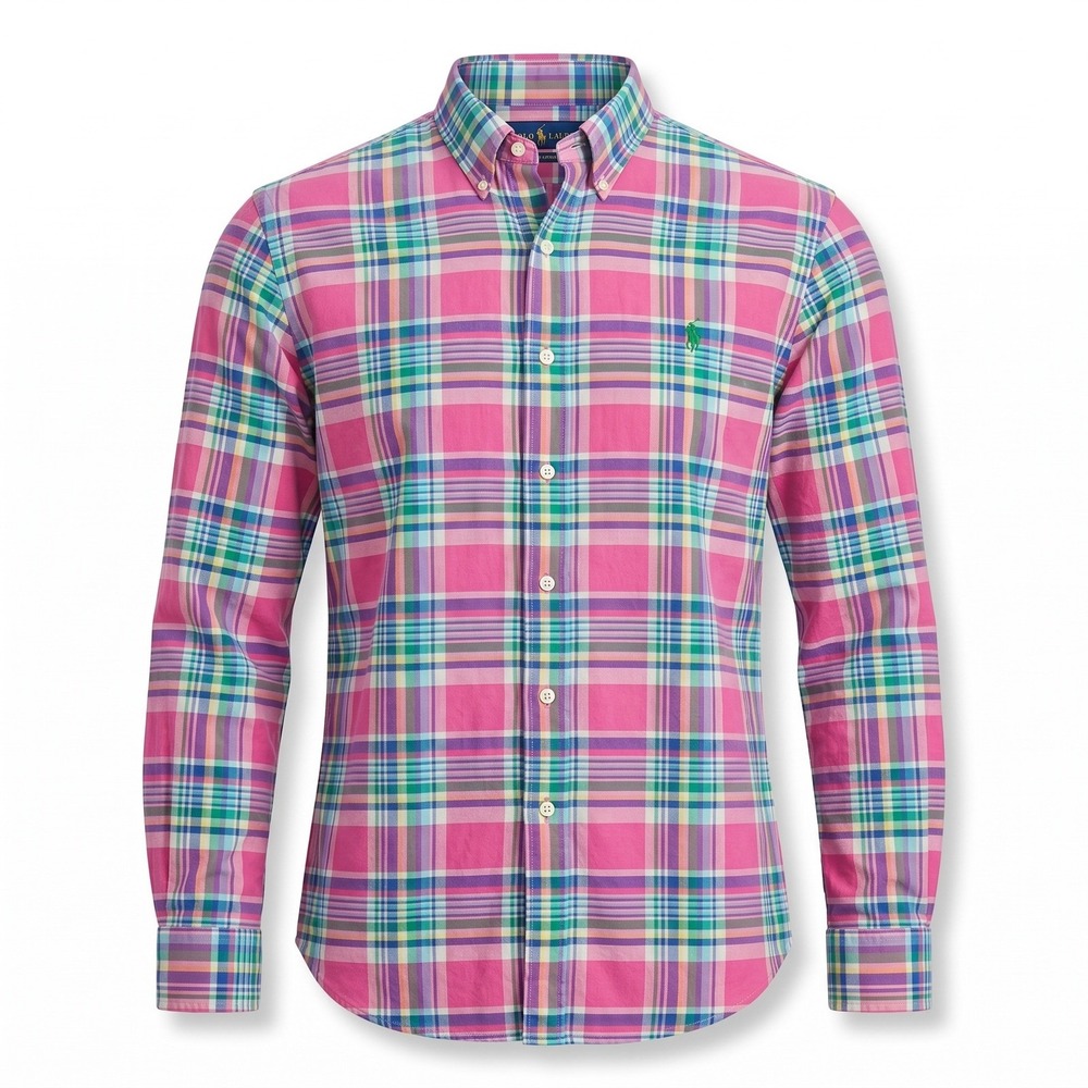 Polo Ralph Lauren Mens Large Pink Plaid Madras Long Sleeve Button Down Shirt